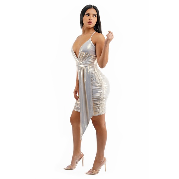 Beige Metallic Spaghetti Strap Mini Dress - Picture 4 of 6